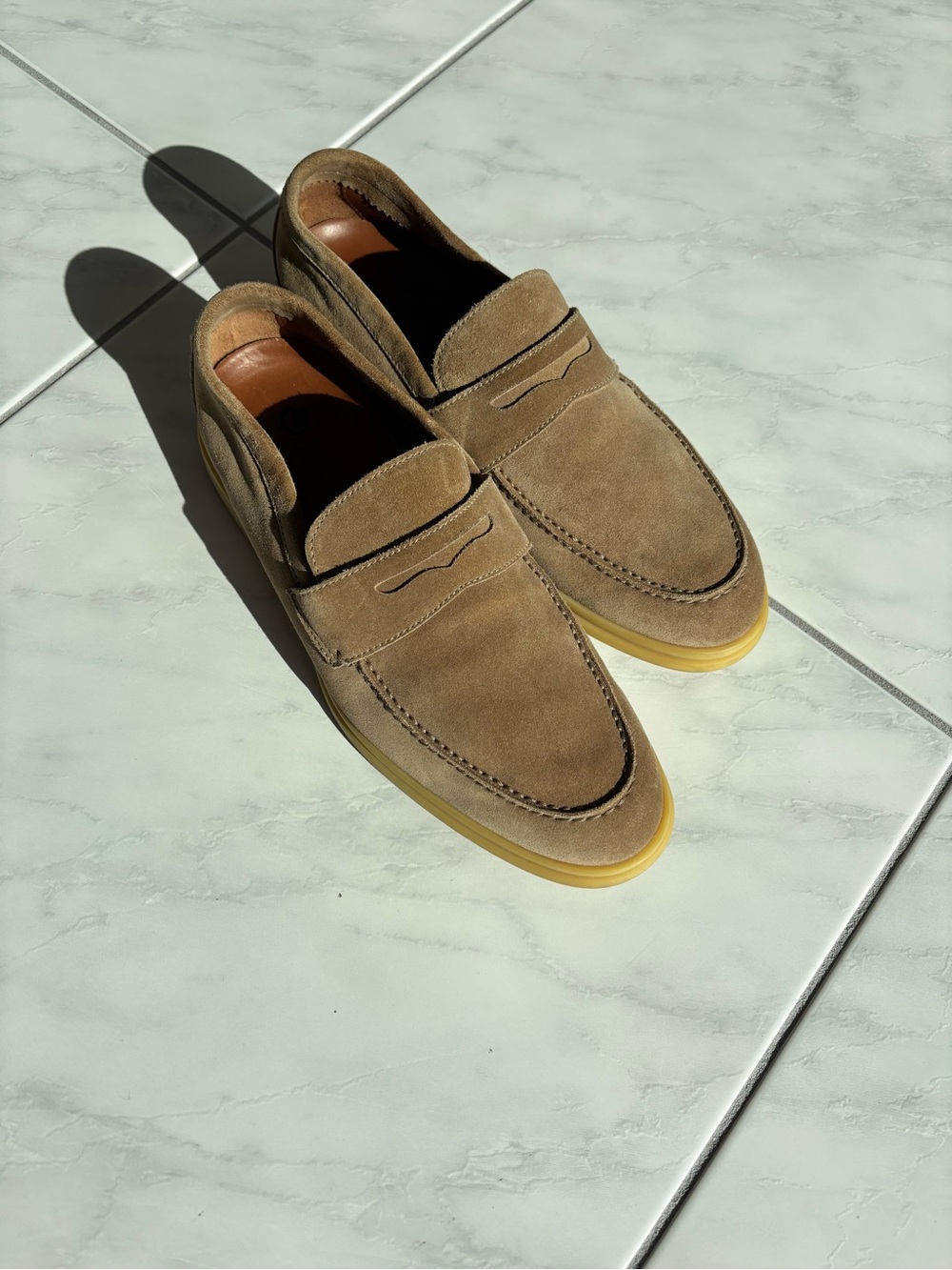 Loro Piana Taupe Suede Penny Loafers with Gum Sole